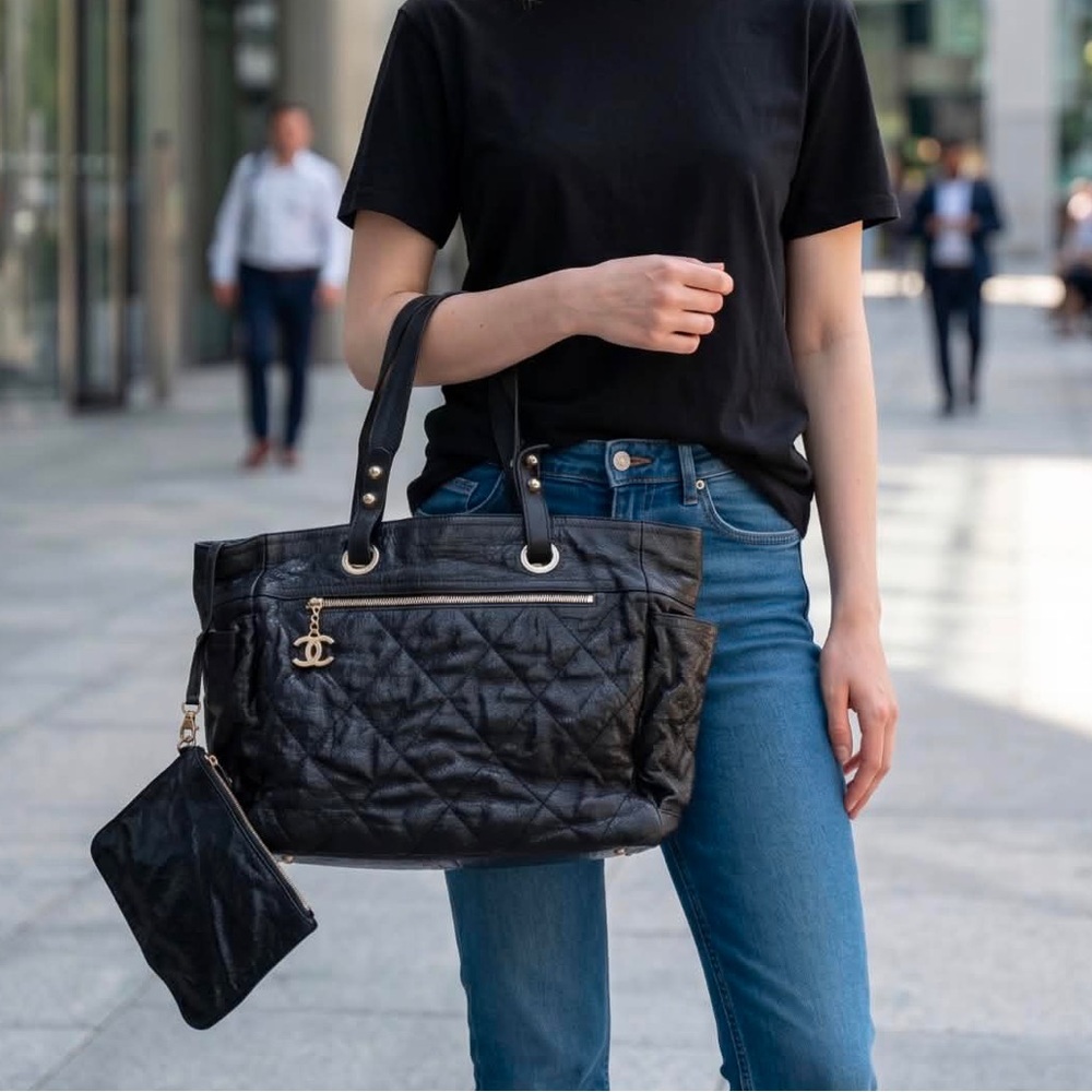Chanel Paris Biarritz Matelasse Leather Black Tote Bag W/Pouch - Picture 2 of 16